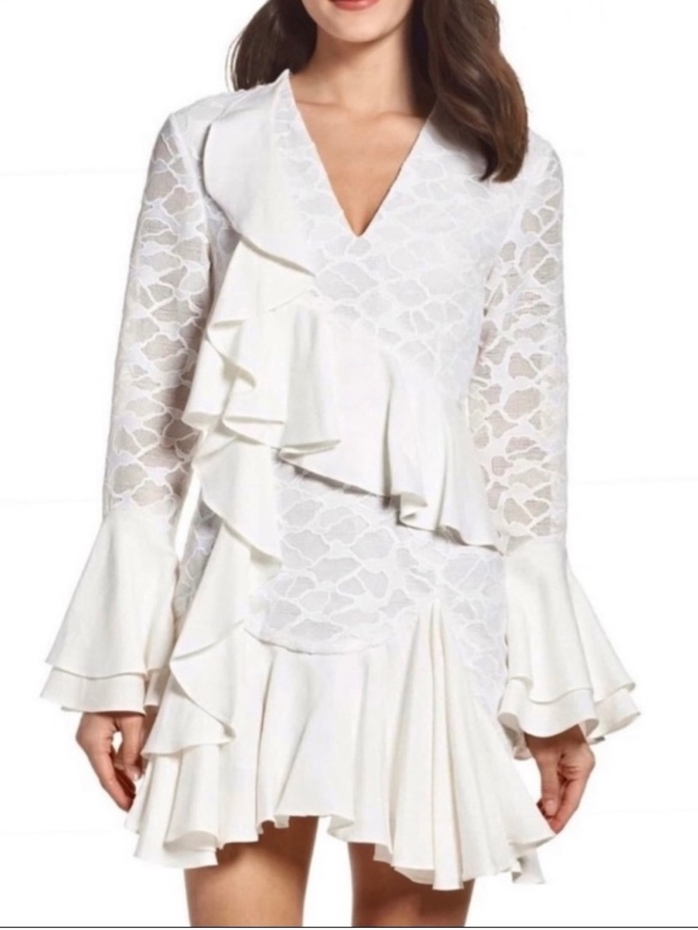 NEW C/MEO COLLECTIVE IVORY RUFFLE LONG SLEEVE MINI DRESS